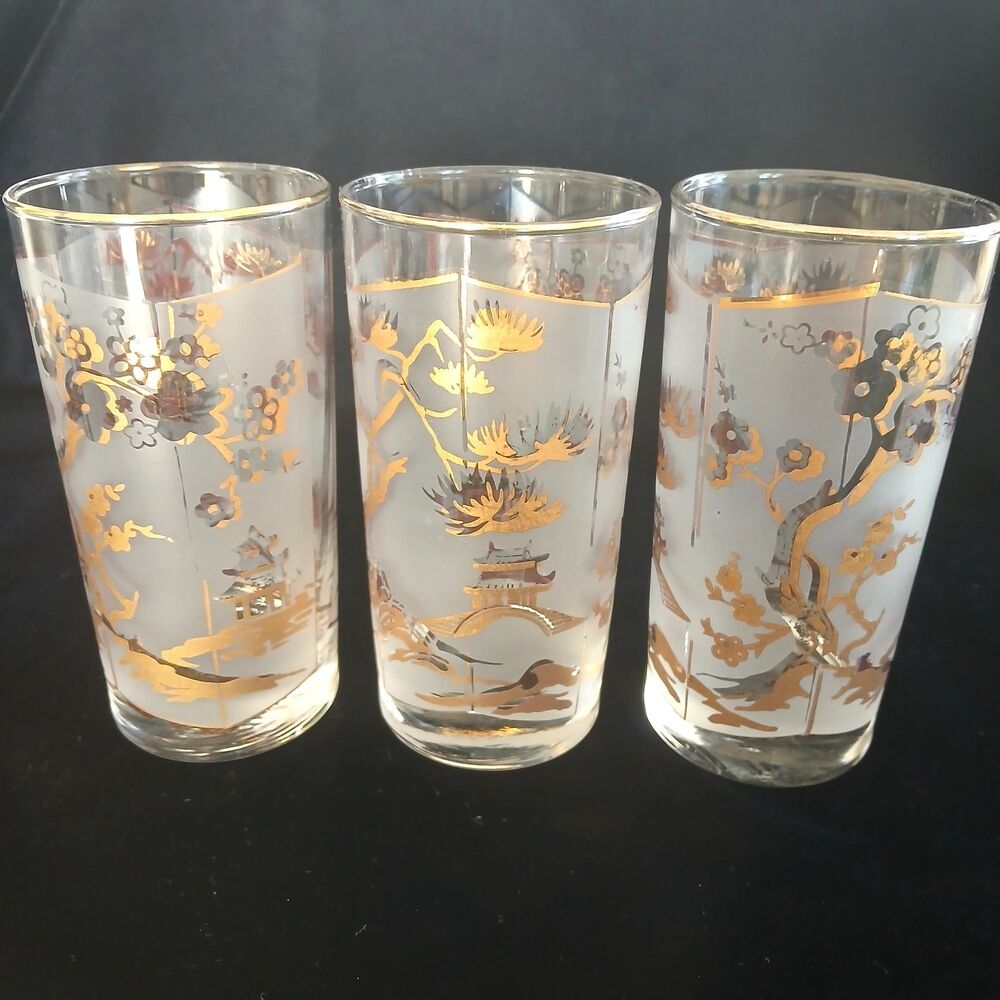 Vintage Libbey Chinoiserie Highball Glasses Set of 3 Gold Frosted MCM Barware